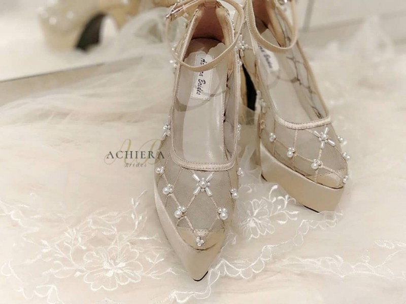 Nude Gold Geometric Wedding Shoes With Pearls 