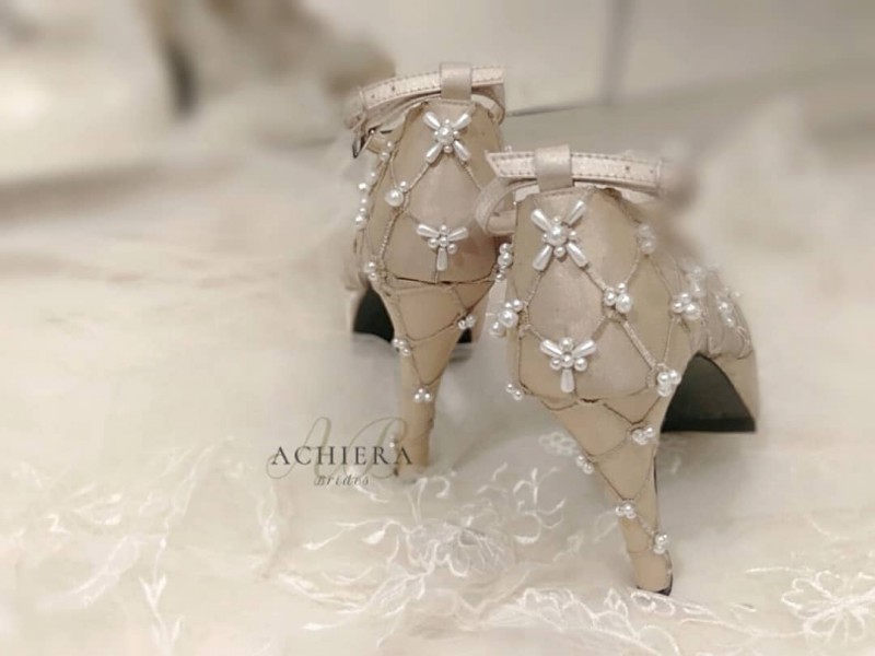 Nude Gold Geometric Wedding Shoes With Pearls 