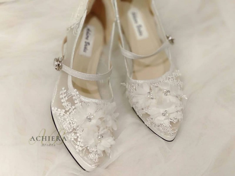 White Customweddingshoes With Flower Accents Are The 